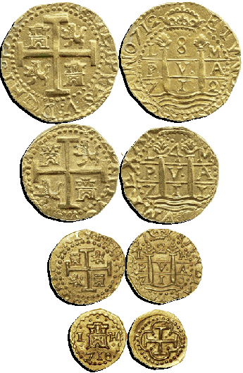 Lima Gold Cobs 1715 Fleet Lima, Peru, cobs choice set: 8 escudos 1712M, 4 escudos 1710M, 