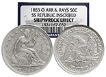 USA (New Orleans Mint), Seated Liberty half dollar, 1853-O, NGC Shipwreck Effect / SS Republic Inscribed. Not only is this a desirable type coin from the wreck but the additional presence of a hand carved A on the obverse makes this a unique shipwreck coin. One can imagine a bored person in New Orleans errantly carving this initial into the coin they found in their pocket sometime in the 1850s or 1860s. NGC #1831167-032. 