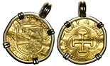 Seville, Spain, cob 1 escudo, Philip II, assayer Gothic D to right, mintmark to S to left, mounted cross-side out in 18K gold bezel with fixed bail. Total eight 7.10 grams total. 26mm in diameter not including bail. Broad-flan XF with full legends and inner details, crisp and sharp as usual, nicely mounted.