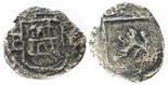 Potosi, Bolivia, cob 1/4 real, Philip II, assayer B  (5th period) to left, mintmark P to right, border of boxes on obverse, large castle, rare.