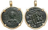 Byzantine Empire, AE follis, Basil II, mounted bust-side out in 14K gold bezel. Total weight 15.31 grams. Approx. diameter 33mm. 