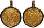 Seville, Spain, 1 escudo, Charles-Joanna, assayer * to right, mintmark S to left, mounted cross-side out in 18K gold bezel with fixed bail.