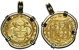 Seville, Spain, 1 escudo, Charles-Joanna, assayer * to left, mintmark S to right, mounted cross-side out in 18K gold bezel with fixed bail. Total eight 7.10 grams total. 25mm in diameter not including bail. Interesting shaped-flan UNC/AU with full legends and inner details, crisp and sharp as usual, sturdily mounted.