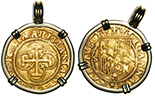 Seville, Spain, 1 escudo, Charles-Joanna, assayer * to right, mintmark S to left, mounted cross-side out in 18K gold bezel with fixed bail. Total eight 7.06 grams total. 25mm in diameter not including bail. Broad-flan XF with full legends and inner details, crisp and sharp as usual, sturdily mounted.