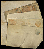  British Indian postcards with 1/4 Anna postage stamps, ca. 1917. 3-1/2" x 5-1/2". Four separate postcards, preserved in laminated plastic, with light staining and degradation. Recovered from: S.S. Camberwell, sunk in 1917 off Sandown Bay, Isle of Wight, England. With original certificate from the salvager. 4 available